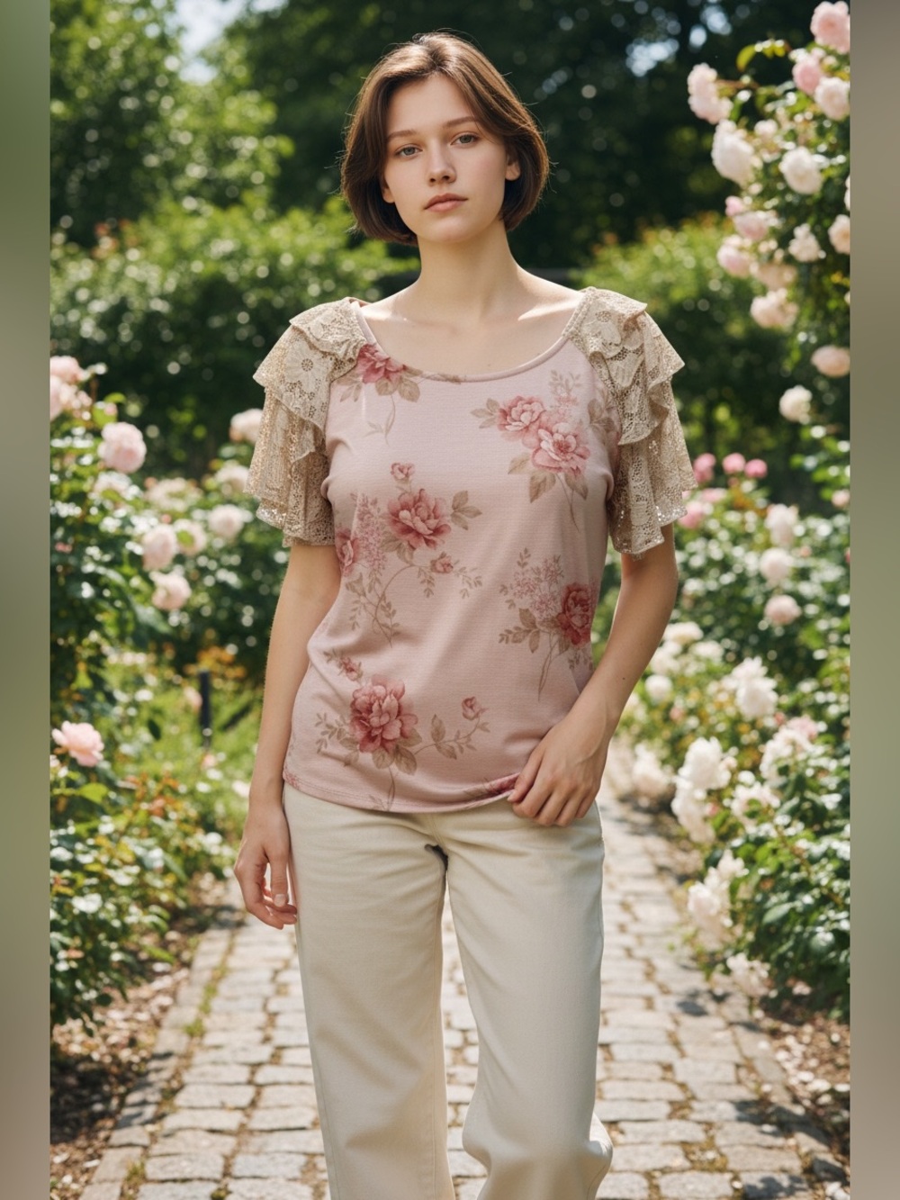 BiB! Women's Floral Print Top with Tiered Lace Sleeves Size XL